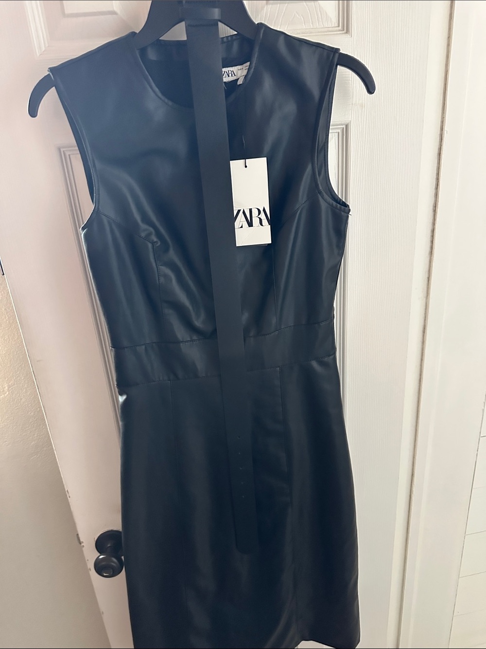 Zara Black Faux Leather Midi Sheath Dress